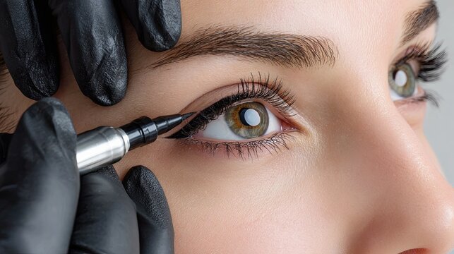 Close up of permanent eyeliner tattoo procedure with professional cosmetic machine in beauty salon