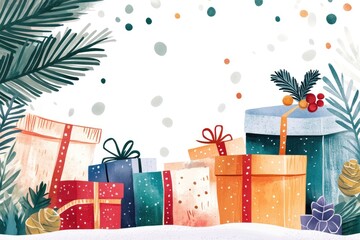 Festive holiday scene with decorated gifts and hanging ornaments in winter wonderland
