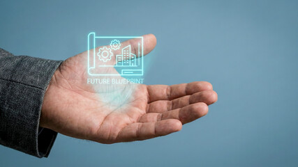Generative ai high tech planning concept level future blueprint hologram over businessman hand