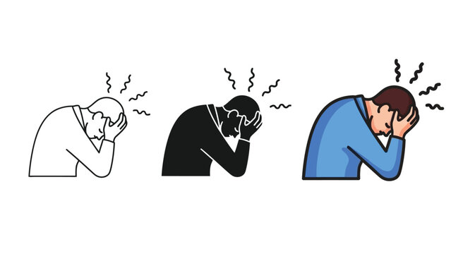 Collection of stylized human figures illustrating intense headache stress or mental anguish in line art solid and color icon variations