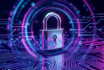 Secure digital padlock on futuristic circuit board with neon lights