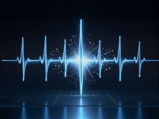 Blue glowing heartbeat waveform on dark grid background, futuristic medical visualization.