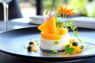 Refreshing mango mousse dessert with fresh mint and cream layers in elegant glasses