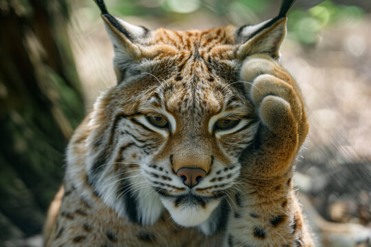 Lynx covering one eye with paw in green forest, expressive wildlife portrait showing shyness, mystery, calm mood and natural beauty