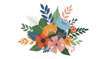 Cheerful minimalist flat design floral bouquet illustration with orange, blue, and pink flowers and green leaves on an isolated white background.