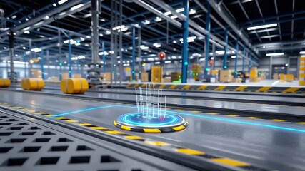 A human hand reaches into a factory aisle and taps a glowing holographic control pad; blue rings ripple outward, the interface intensifies, and the system confirms automated activation. - Powered by Adobe