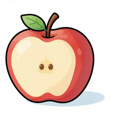 Obraz premium Bright cartoon apple with thick black outline, green leaf and stem, cute face on pale flesh, isolated on white background