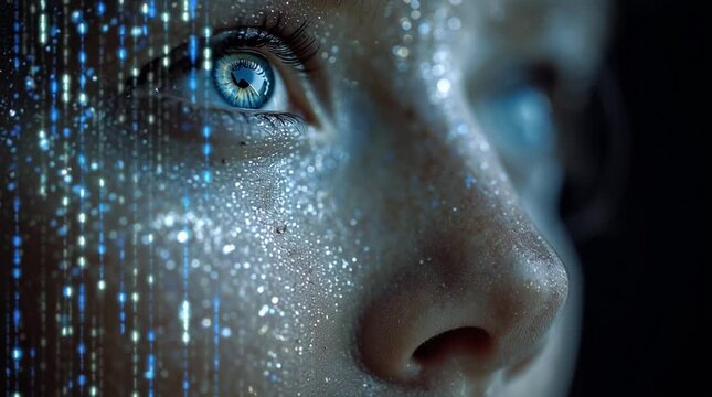 A woman's face merges with glowing binary code, visualizing the inescapable prominence of AI and its seamless integration into the very fabric of modern human society
