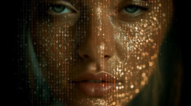 A woman's face merges with glowing binary code, visualizing the inescapable prominence of AI and its seamless integration into the very fabric of modern human society

