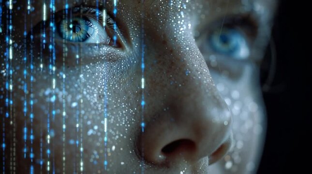 A woman's face merges with glowing binary code, visualizing the inescapable prominence of AI and its seamless integration into the very fabric of modern human society
