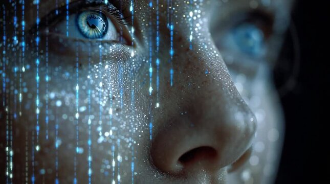 A woman's face merges with glowing binary code, visualizing the inescapable prominence of AI and its seamless integration into the very fabric of modern human society
