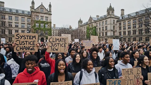 A vibrant crowd fills the city center, holding signs for climate justice. Youthful voices unite as passionate chants fill the air, calling for urgent action and systemic change to protect the planet.