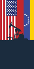 Oil rig pumpjack background. American and Venezuelan petroleum industry. united states of america flag and venezuela flag