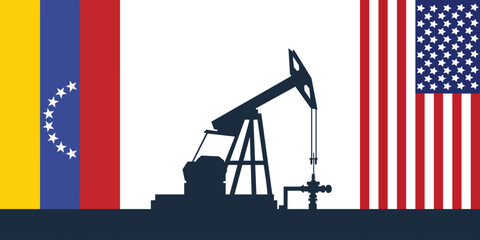 Oil rig pumpjack background. American and Venezuelan petroleum industry. united states of america flag and venezuela flag