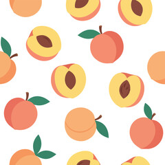 Seamless pattern of ripe peaches with green leaves on a white background, perfect for summer themes and fruit-themed designs