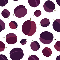 Vibrant seamless pattern featuring scattered dark purple plums, ideal for contemporary food-themed designs, backgrounds, textiles, and packaging projects, evoking freshness and natural healthy eating