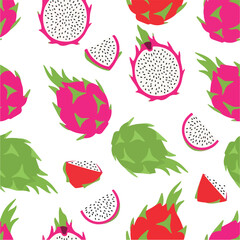 Vibrant seamless pattern of exotic dragon fruits. Colorful illustration featuring whole pink and green pitaya and sliced pieces on a white background, ideal for tropical designs