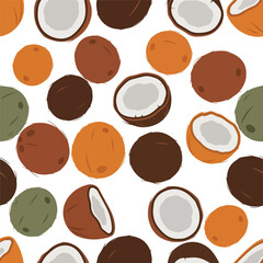 Seamless tropical coconut pattern. Illustration of whole and halved coconuts in natural hues scattered on white, ideal for summer projects