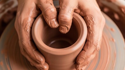 Man hands molding clay on pottery wheel. Creating handmade ceramic craft. Traditional art and hobby. Skillful potter at work.