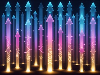 Colorful glowing arrows ascend in vibrant streams against a dark background.