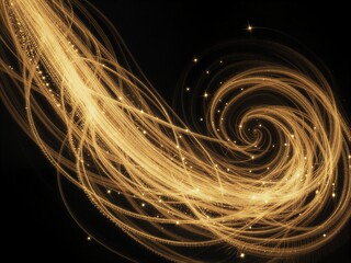 Golden light trails swirl in cosmic dance against dark void, stars twinkling like celestial fireworks.