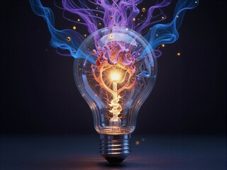 Glowing light bulb surrounded by vibrant, swirling energy streams in blue, orange and purple hues.
