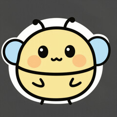 Obraz premium Adorable kawaii bee: round yellow body, big eyes, rosy cheeks, blue ear-like wings, tiny antennae, white halo on dark background