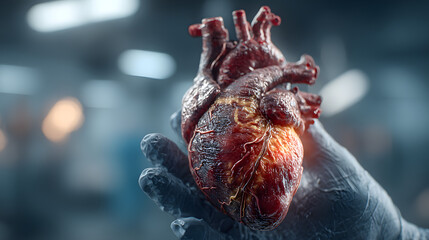 Doctor's hands holding a realistic human heart model, symbolizing organ donation, advanced cardiac surgery, medical care, health concepts, and the future of transplantation medicine