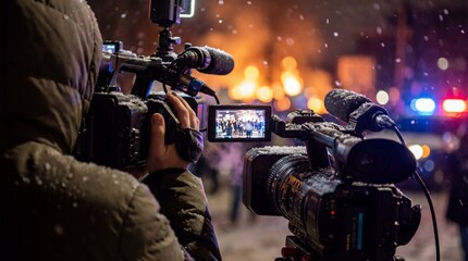 Close-up of a professional video camera filming a news event during a snowy winter night, with a protest scene on the LCD screen and blurred fire and police lights in the background.