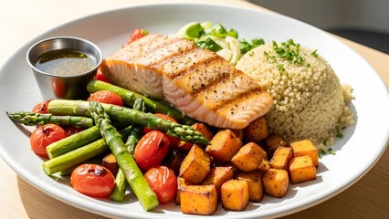 Grilled salmon served with quinoa, asparagus, roasted vegetables, and cherry tomatoes on a white plate, representing a balanced healthy meal and clean eating lifestyle.