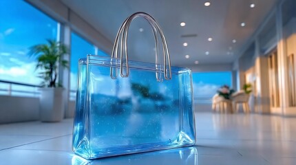 Transparent blue shopping bag, ideal for retail visuals, or sustainable fashion campaigns