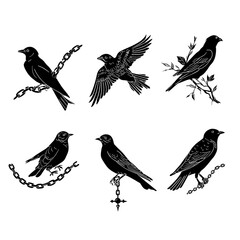 Obraz premium Set of 5 black raven silhouettes with chains, wings, branches and cross pendant isolated PNG with Transparent Background