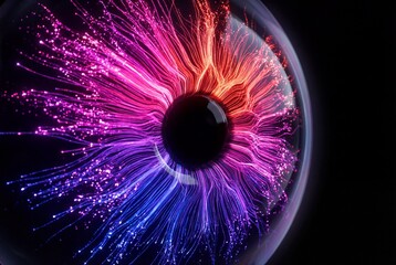 Vibrant eye with colorful neural connections sparking in dark background