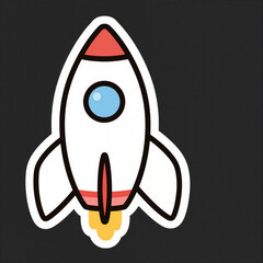 Friendly flat-style rocket cartoon with blue window and orange flame, centered on a dark background