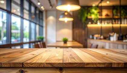 Empty wooden table at indoor restaurant for advertising product display background design