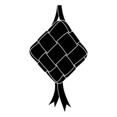 Abstract ketupat logo formed from four interlocking black shapes in a minimalist geometric flat vector style on a clean white background, ideal for modern Ramadan and Eid branding.