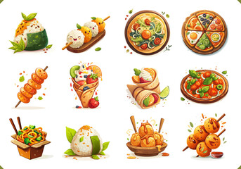Set of vector illustrations of Japanese and Asian street food. Vector illustrations of noodles, okonomiyaki, dango rice, takoyaki and desserts, isolated on a white background
