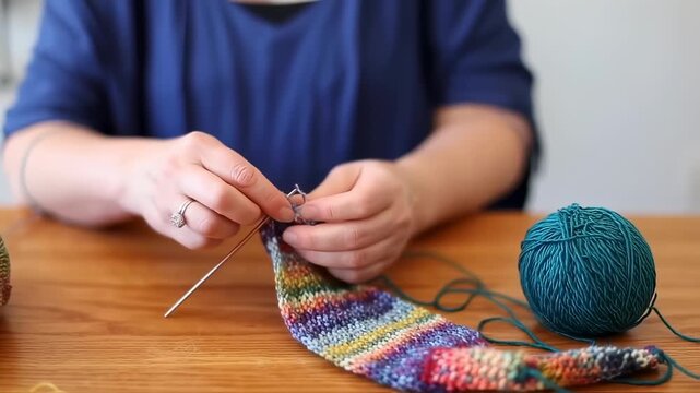 Expertly Knitting Colorful Woolen Socks: A Close-Up Look at Handcraftsmanship in Action