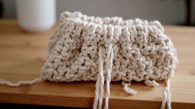 Detailed view of a handcrafting woven beige yarn, creating a bag with crochet needle