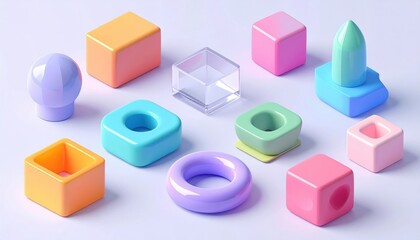 Obraz premium Colorful geometric shapes arrangement creative studio digital art playful environment top view visual design