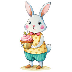 Watercolor clipart, bunny holding cupcake, isolated white