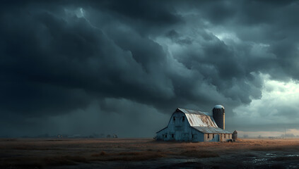 Stormy sky above rural farm with barn and silo, highlighting weather hazards in farming environments
