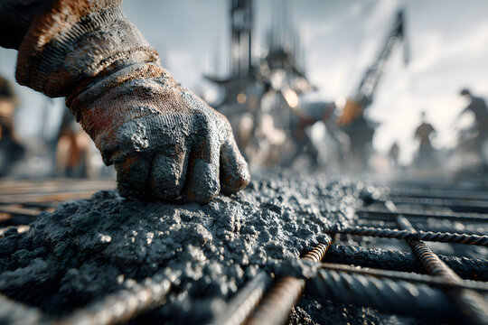 A groundworker skillfully pours concrete onto a metal grid at a construction site. This image highlights the crucial step of laying a solid foundation for building projects.