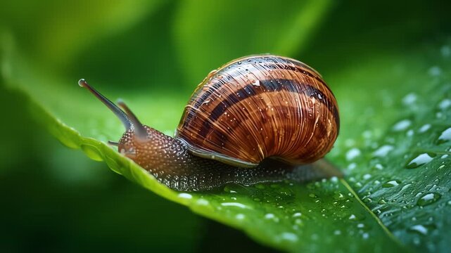Close-up of a snail on a wet green leaf with dew drops, showcasing its shell and slimy trail in a natural setting.