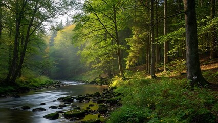 Obraz premium A serene forest river winding through lush green trees, bathed in soft, natural light, creating a tranquil and picturesque landscape scene in the wilderness