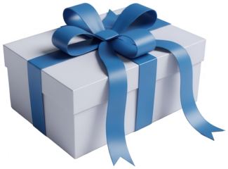 White gift box with light blue ribbon and bow isolated on transparent background
