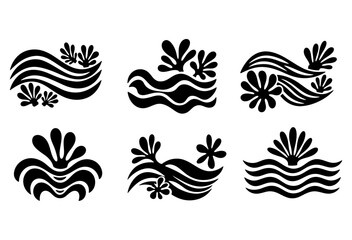 Set of abstract black water waves and floral symbols