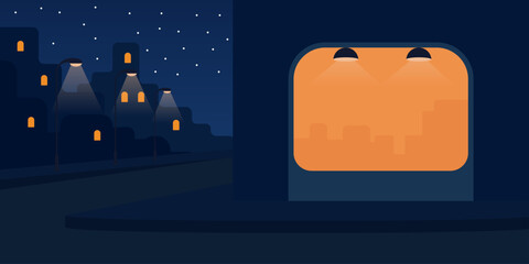 Night street cafe illustration. Wide cafe exterior silhouette. Interior space visible in shadow. Sidewalk foreground detail. Cozy urban night mood.