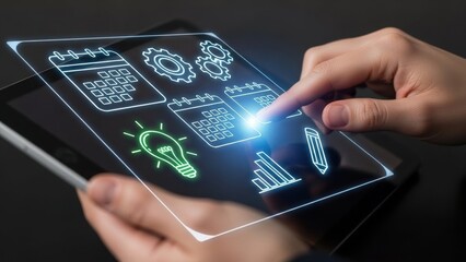 Person's finger touching a tablet screen displaying icons for calendar, gears, lightbulb, and charts.
