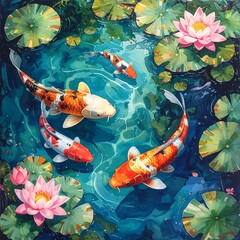 Colorful koi fish swim in a pond with lily pads and pink water lilies, creating a serene scene